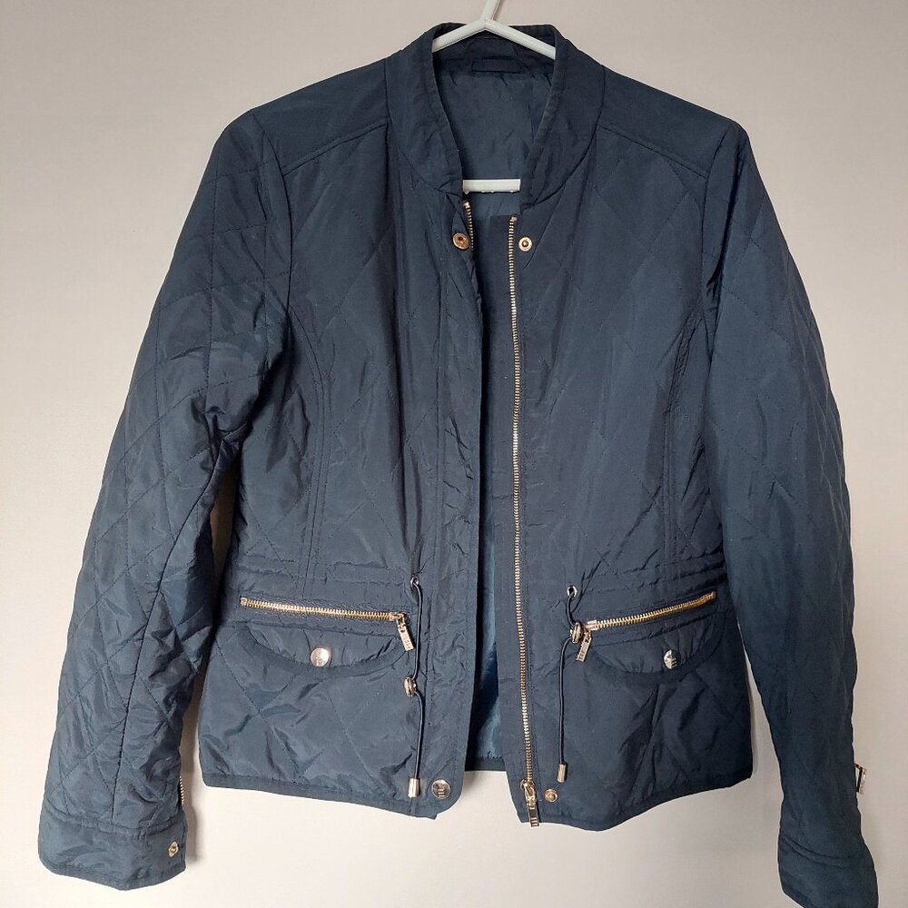 Navy Quilted Zipped Coat With Golden Buttons, Women's Size S